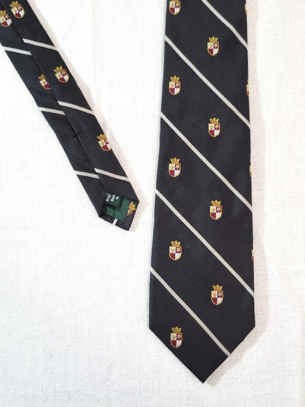 J. Crew Mens Silk Tie Black Crest Coat of Arms Striped Preppy Ivy League